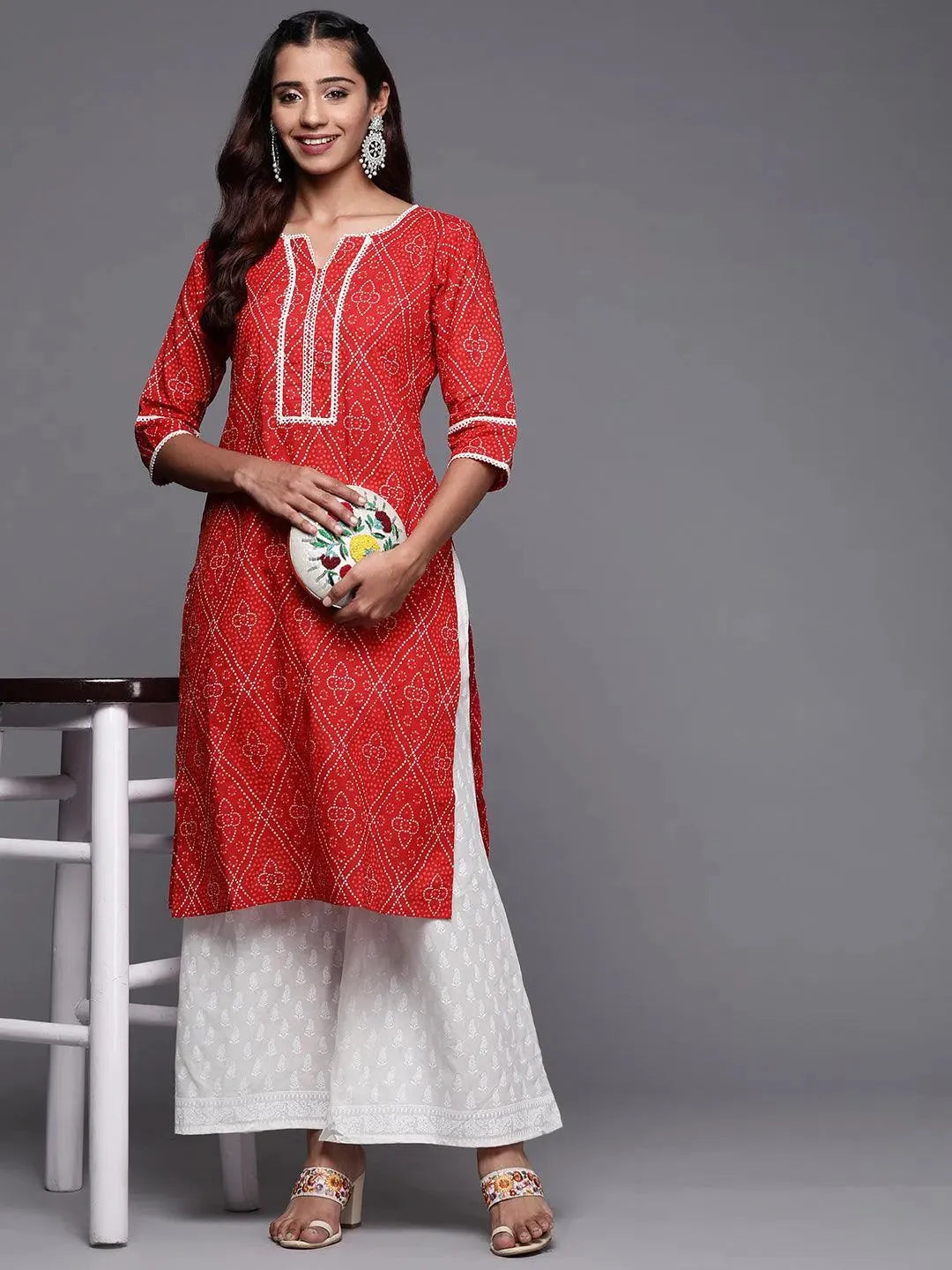 Red Printed Cotton Straight Kurta - Libas 