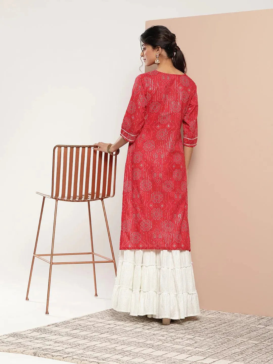 Red Printed Cotton Straight Kurta - Libas 