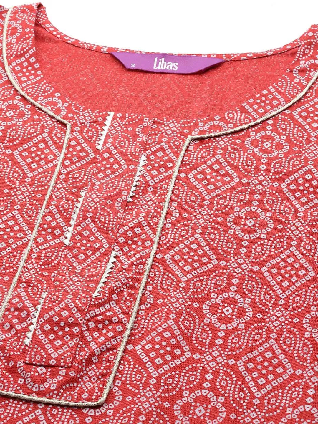 Red Printed Cotton Straight Kurta - Libas 