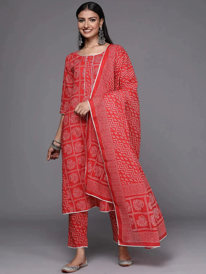 Red Printed Cotton Straight Suit Set - Libas