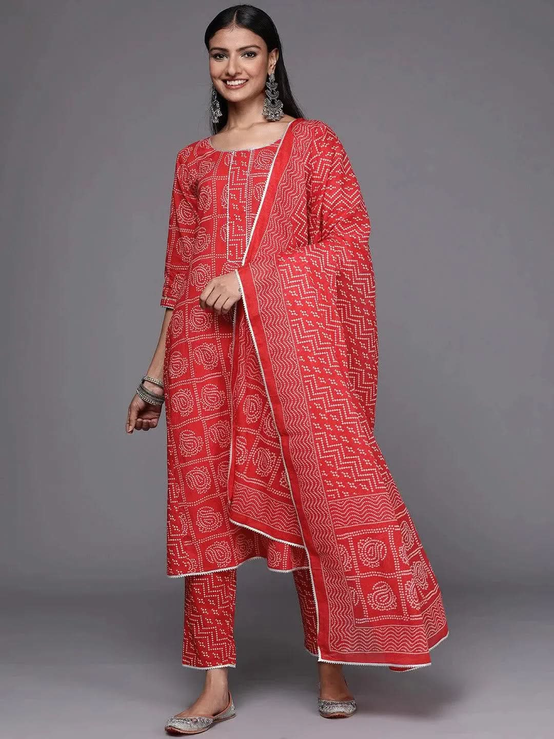 

Red Printed Cotton Straight Kurta With Dupatta