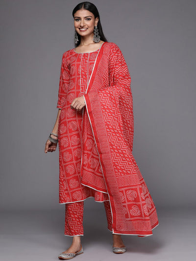 Red Printed Cotton Straight Suit Set - Libas