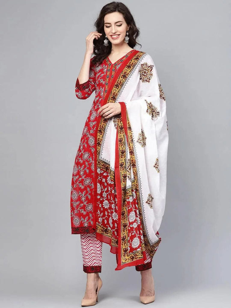 Libas Red Printed Cotton Straight Kurta With Dupatta