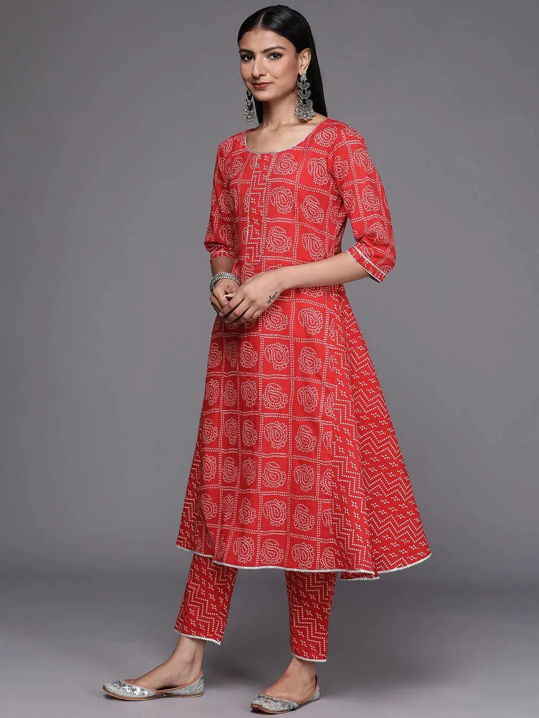 Red Printed Cotton Straight Suit Set - Libas 