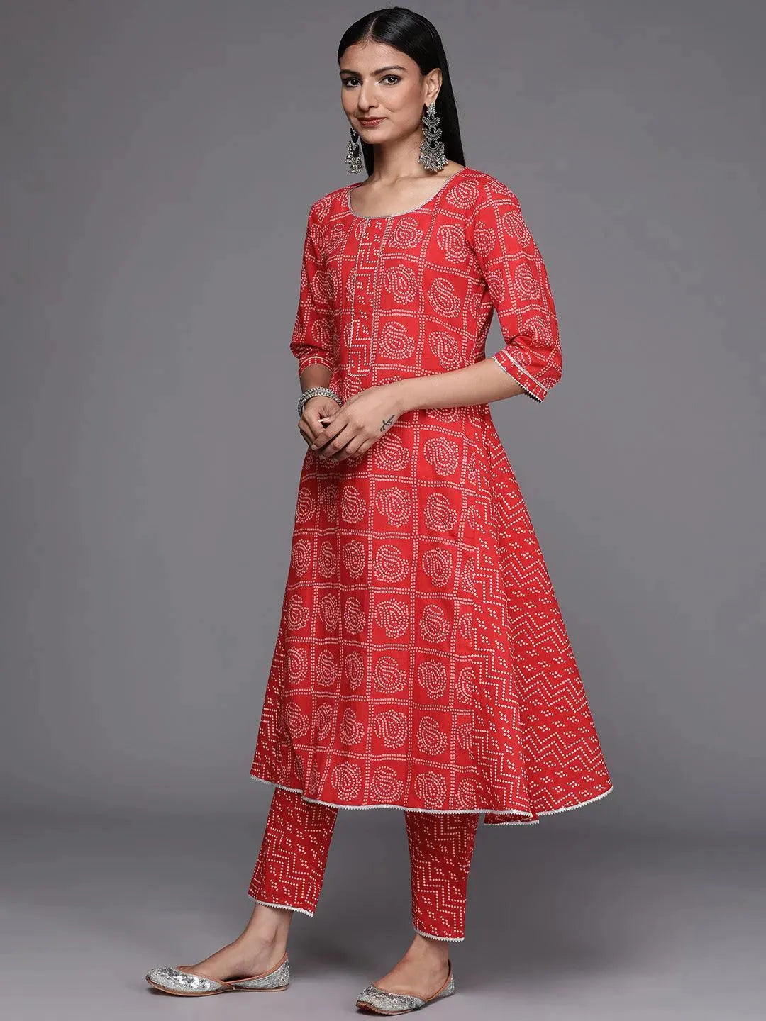 Red Printed Cotton Straight Suit Set - Libas