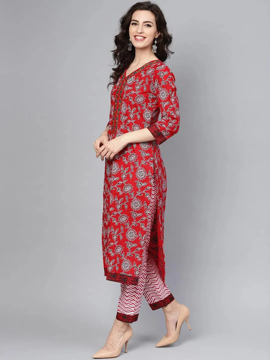 Red Printed Cotton Suit Set - Libas