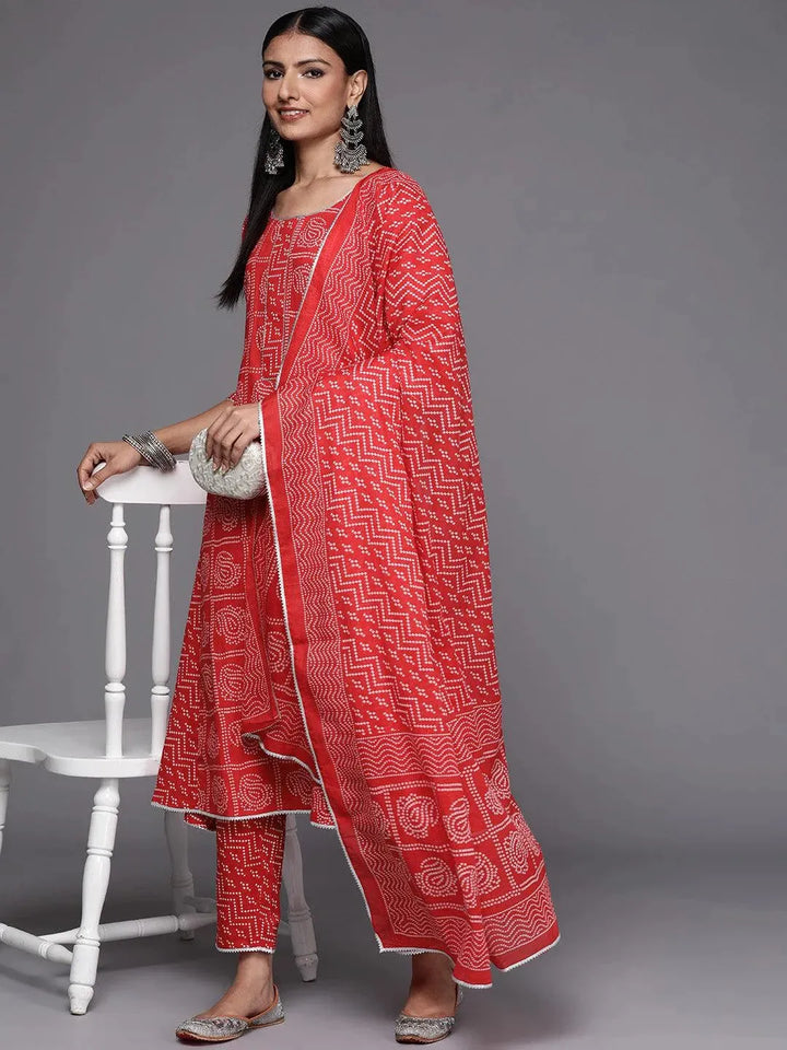 Red Printed Cotton Straight Suit Set - Libas