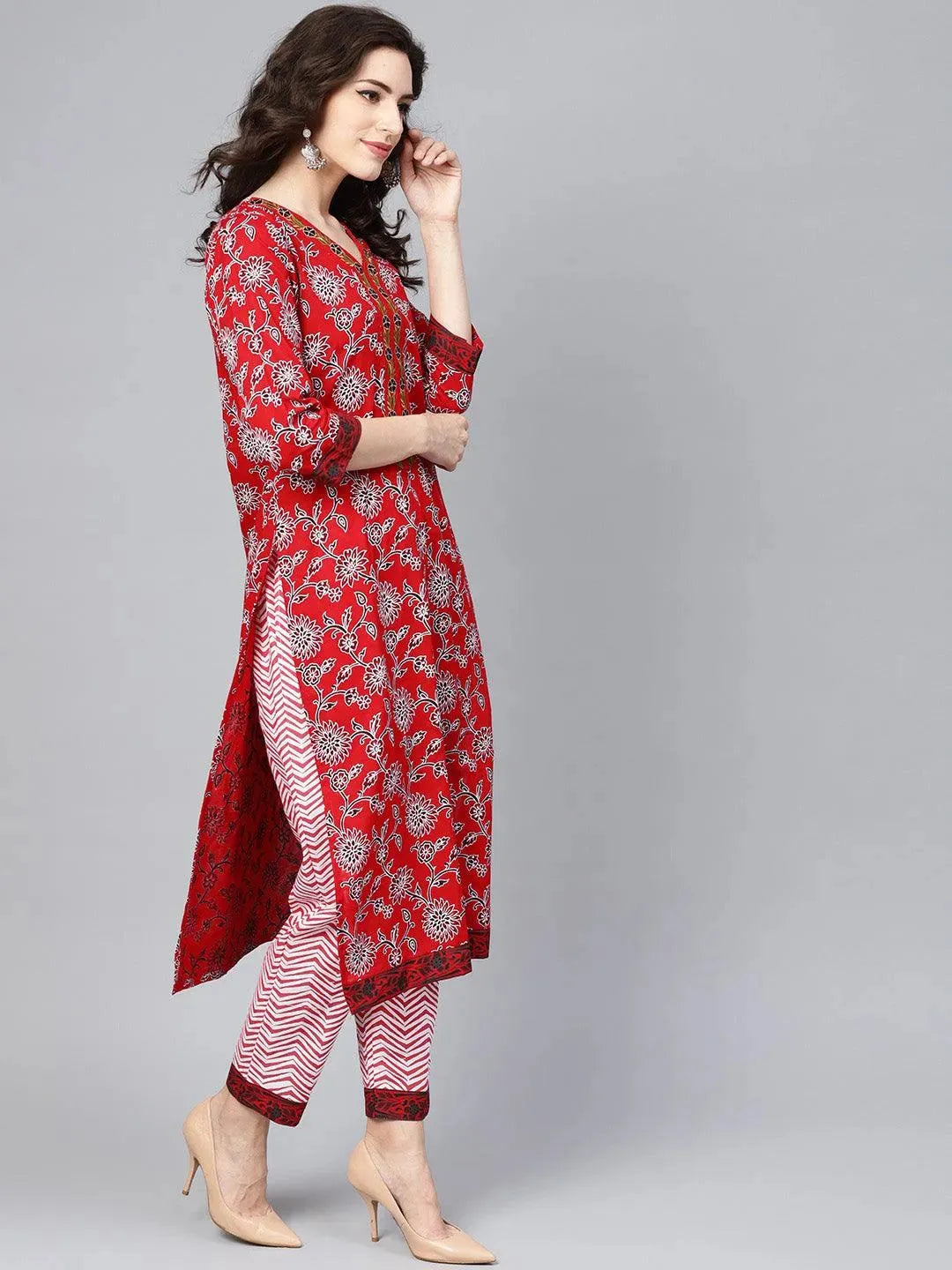 Red Printed Cotton Suit Set - Libas