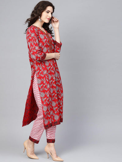 Red Printed Cotton Suit Set - Libas