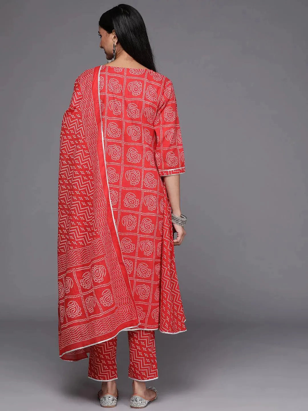 Red Printed Cotton Straight Suit Set - Libas