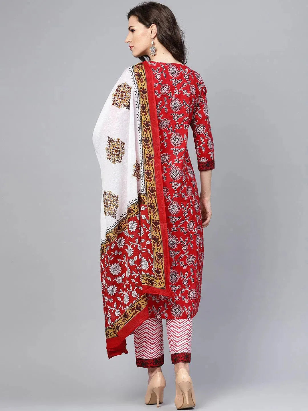 Red Printed Cotton Suit Set - Libas 