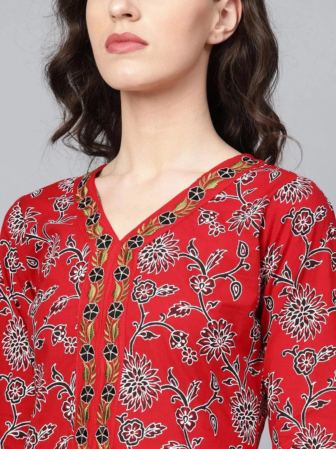 Red Printed Cotton Suit Set - Libas