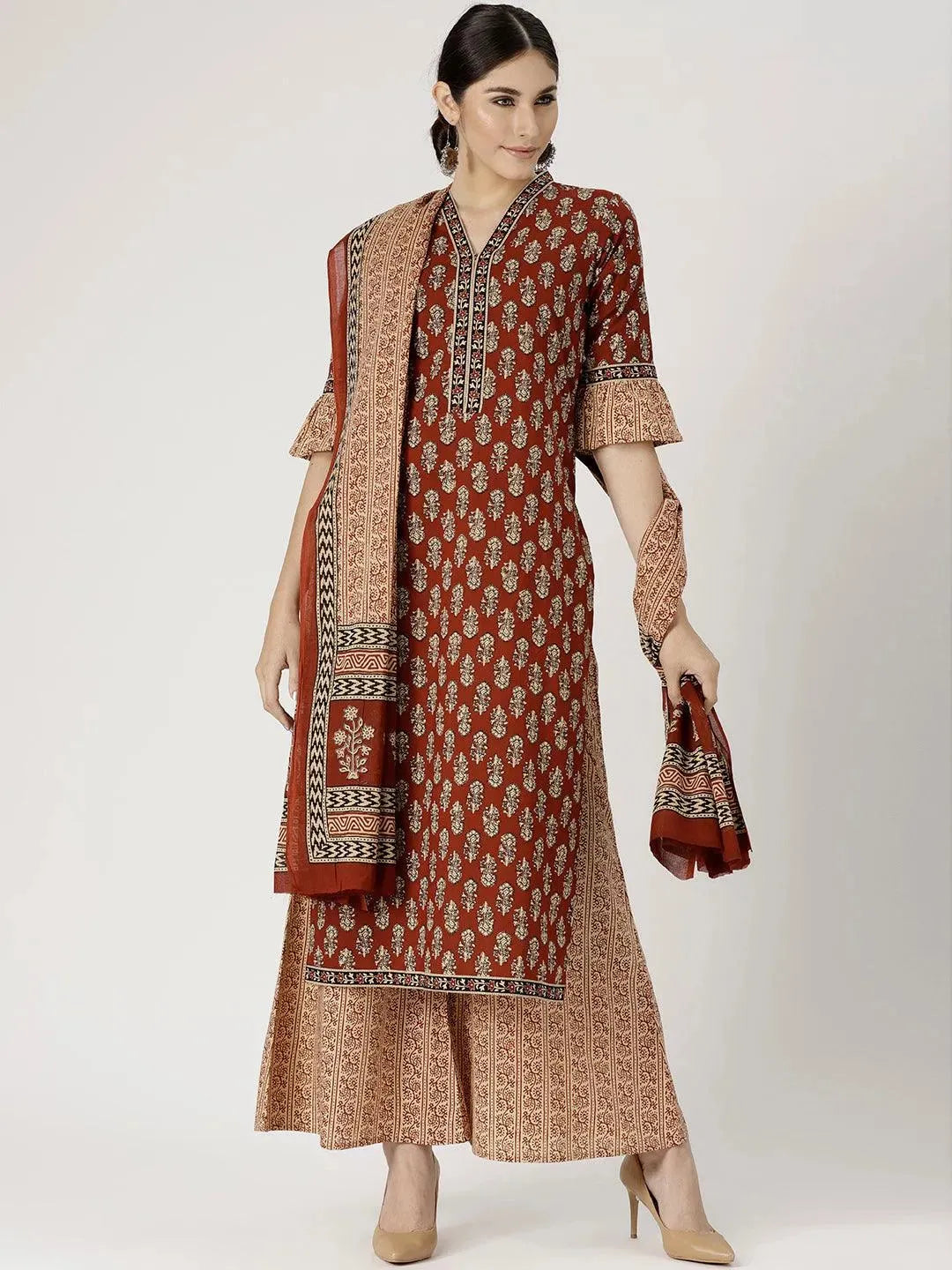 Red Printed Cotton Suit Set - Libas