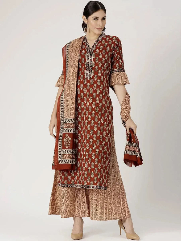 Libas Red Printed Cotton Straight Kurta With Palazzos & Dupatta