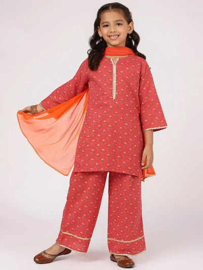 Red Printed Cotton Straight Suit Set - Libas