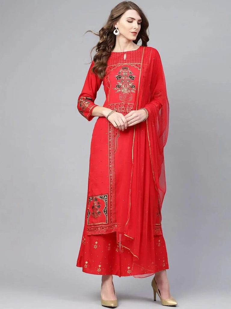 Libas Red Printed Cotton Straight Kurta With Palazzos & Dupatta