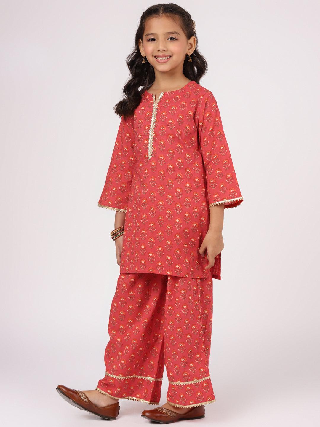 Red Printed Cotton Straight Suit Set - Libas