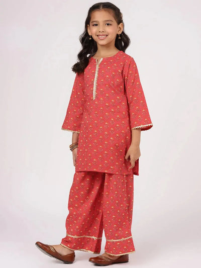 Red Printed Cotton Straight Suit Set - Libas