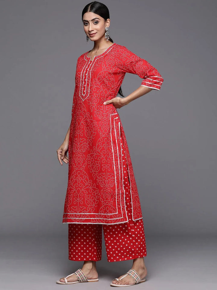 Red Printed Cotton Straight Kurta With Palazzos & Dupatta - Libas