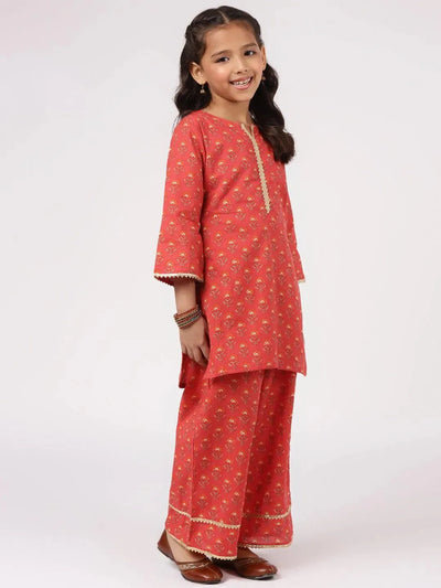 Red Printed Cotton Straight Suit Set - Libas