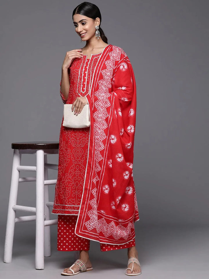 Red Printed Cotton Straight Kurta With Palazzos & Dupatta - Libas