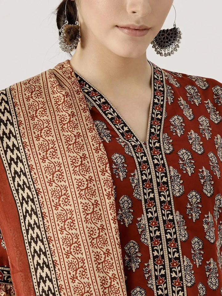 Red Printed Cotton Suit Set - Libas