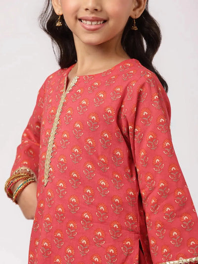 Red Printed Cotton Straight Suit Set - Libas