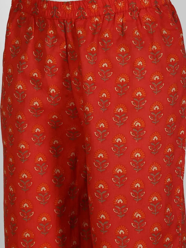 Red Printed Cotton Straight Suit Set - Libas