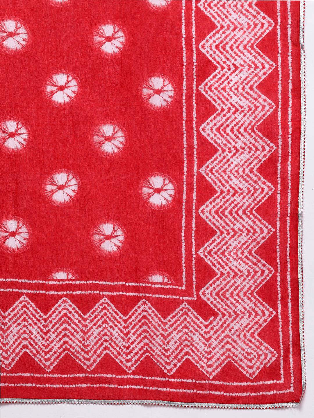 Red Printed Cotton Straight Kurta With Palazzos & Dupatta - Libas