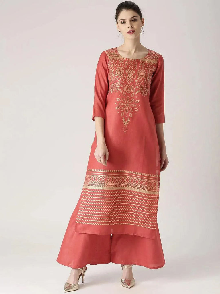 Libas Red Printed Cotton Straight Kurta With Palazzos