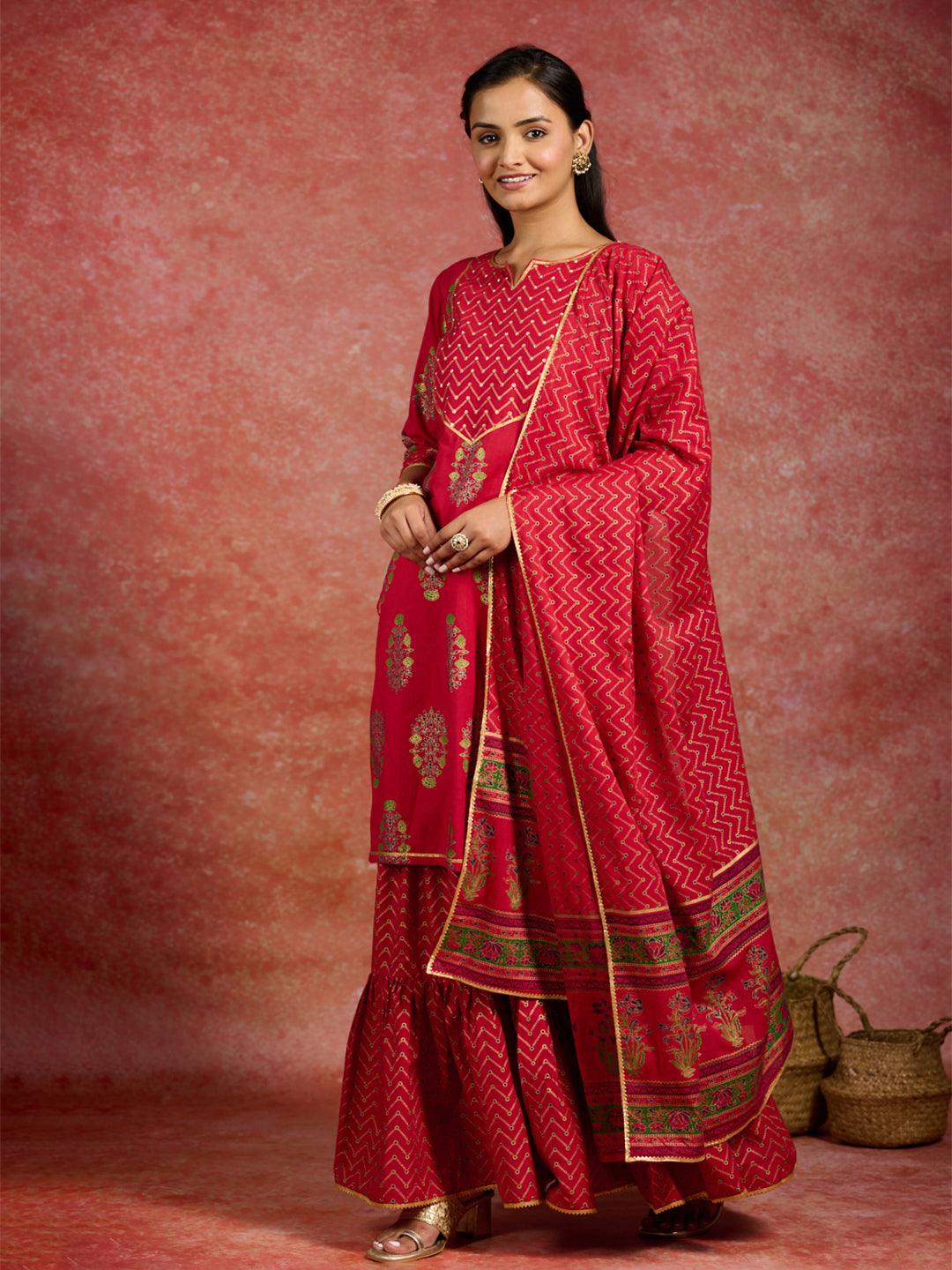 Red Printed Cotton Straight Suit With Dupatta