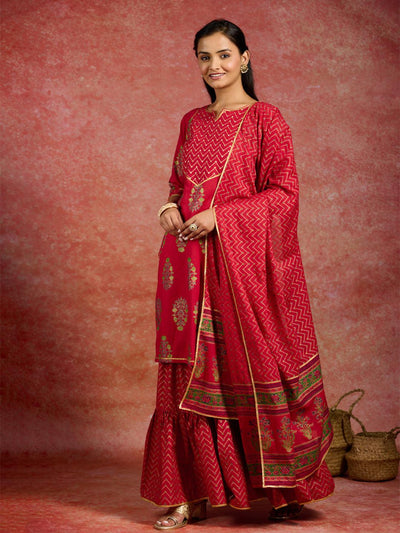 Red Printed Cotton Straight Kurta With Skirt & Dupatta - Libas