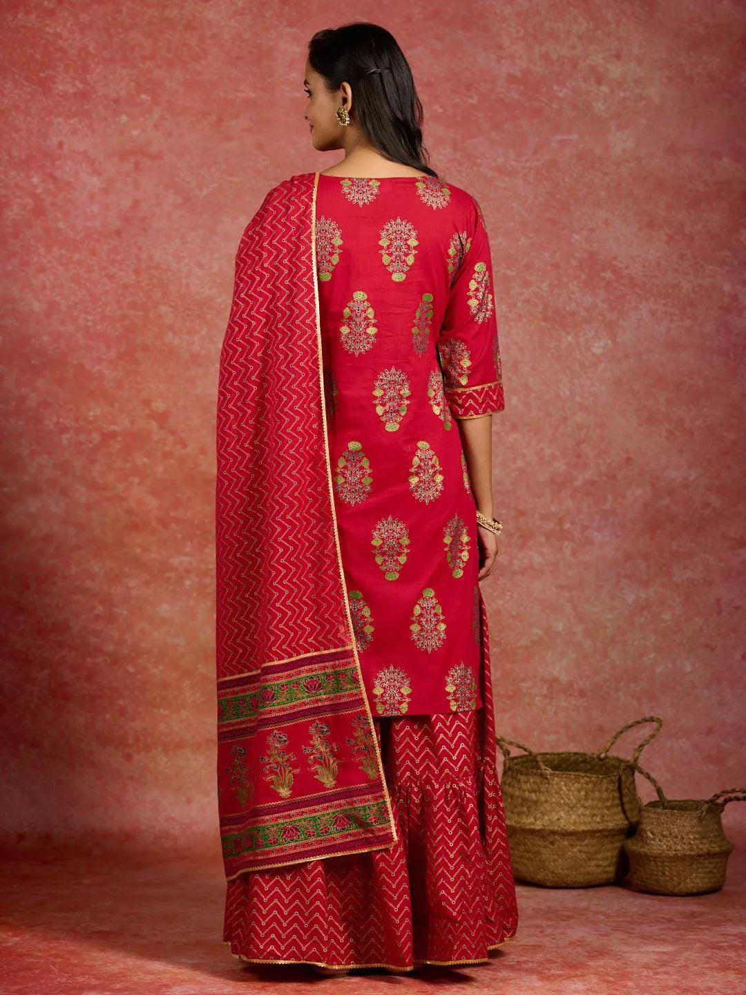 Red Printed Cotton Straight Kurta With Skirt & Dupatta - Libas