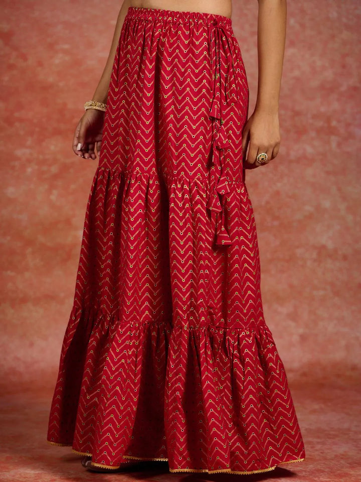 Red Printed Cotton Straight Kurta With Skirt & Dupatta - Libas