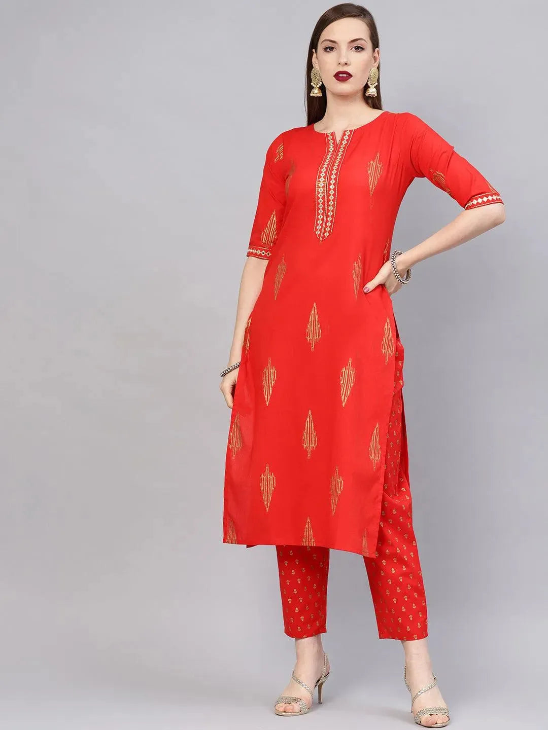 Red Printed Cotton Kurta Set - Libas