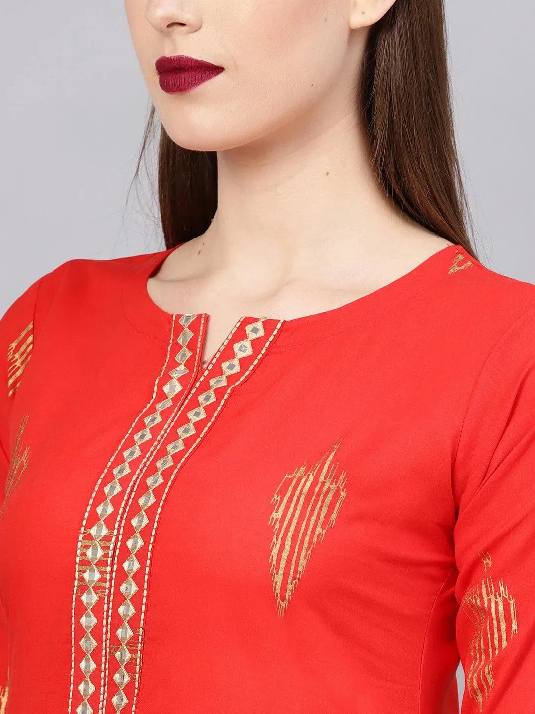 Red Printed Cotton Kurta Set - Libas 