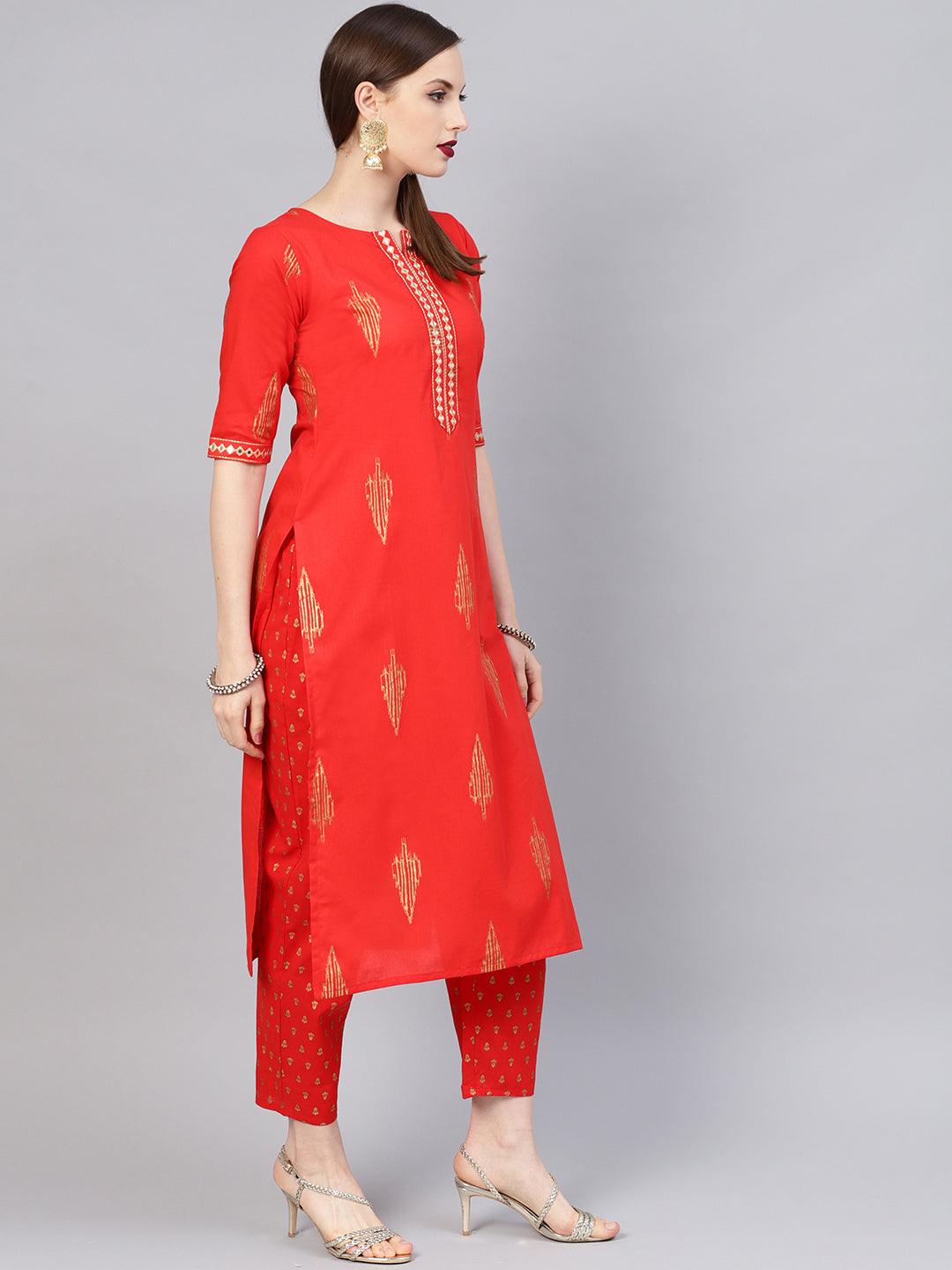 Red Printed Cotton Straight Kurta With Trousers