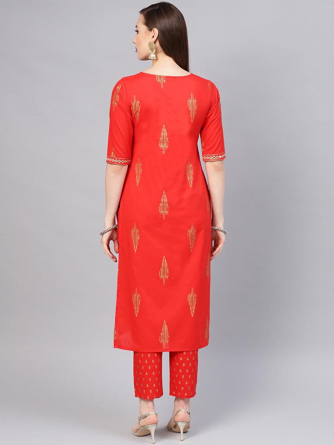 Red Printed Cotton Straight Kurta With Trousers