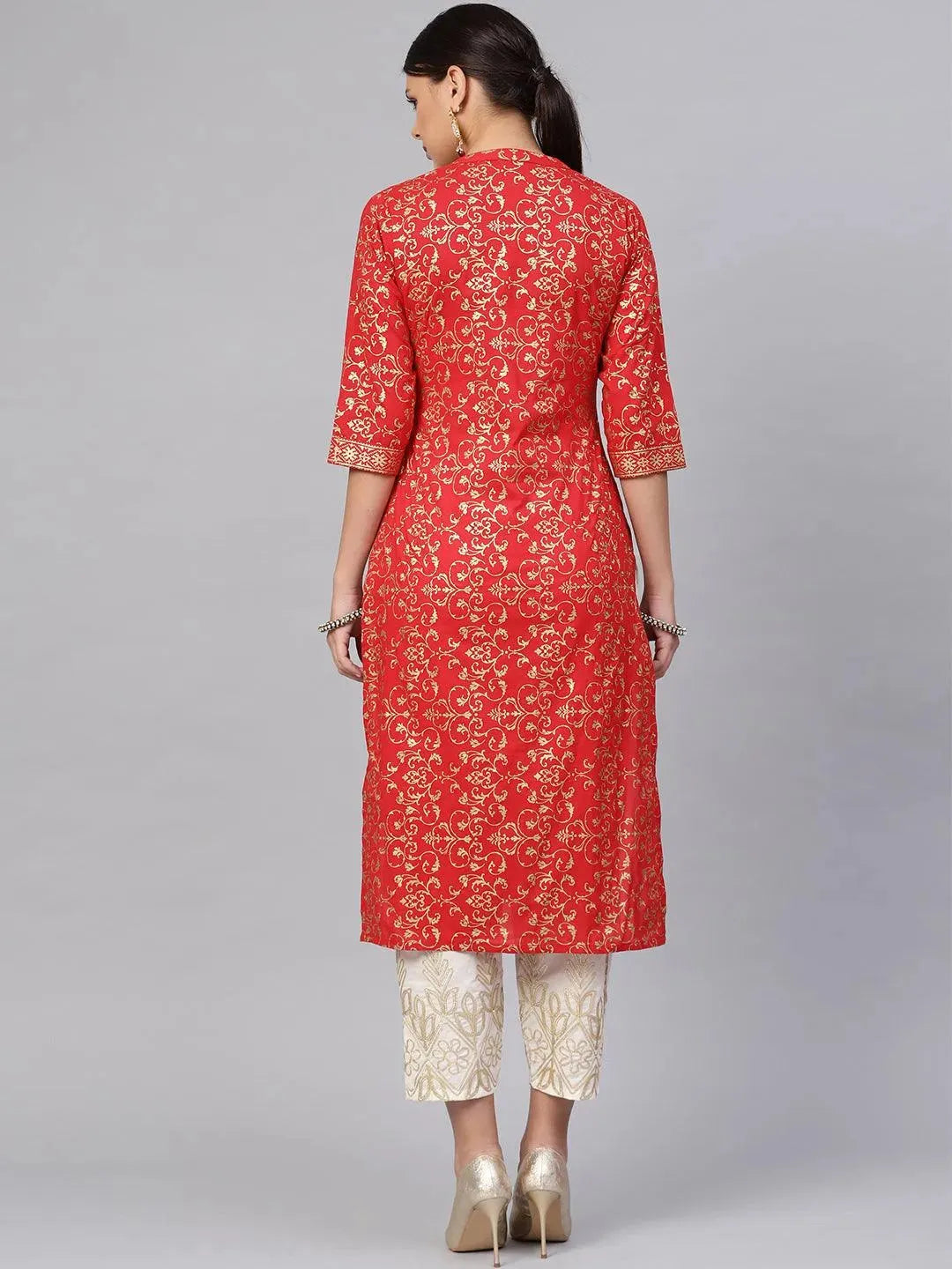 Red Printed Cotton Kurta Set - Libas 