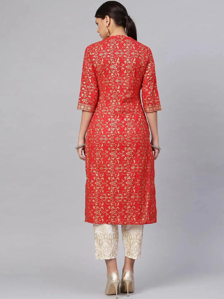 Red Printed Cotton Kurta Set - Libas