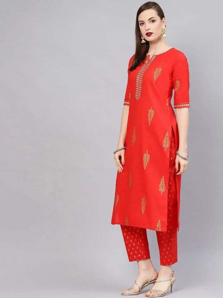 Red Printed Cotton Kurta Set - Libas