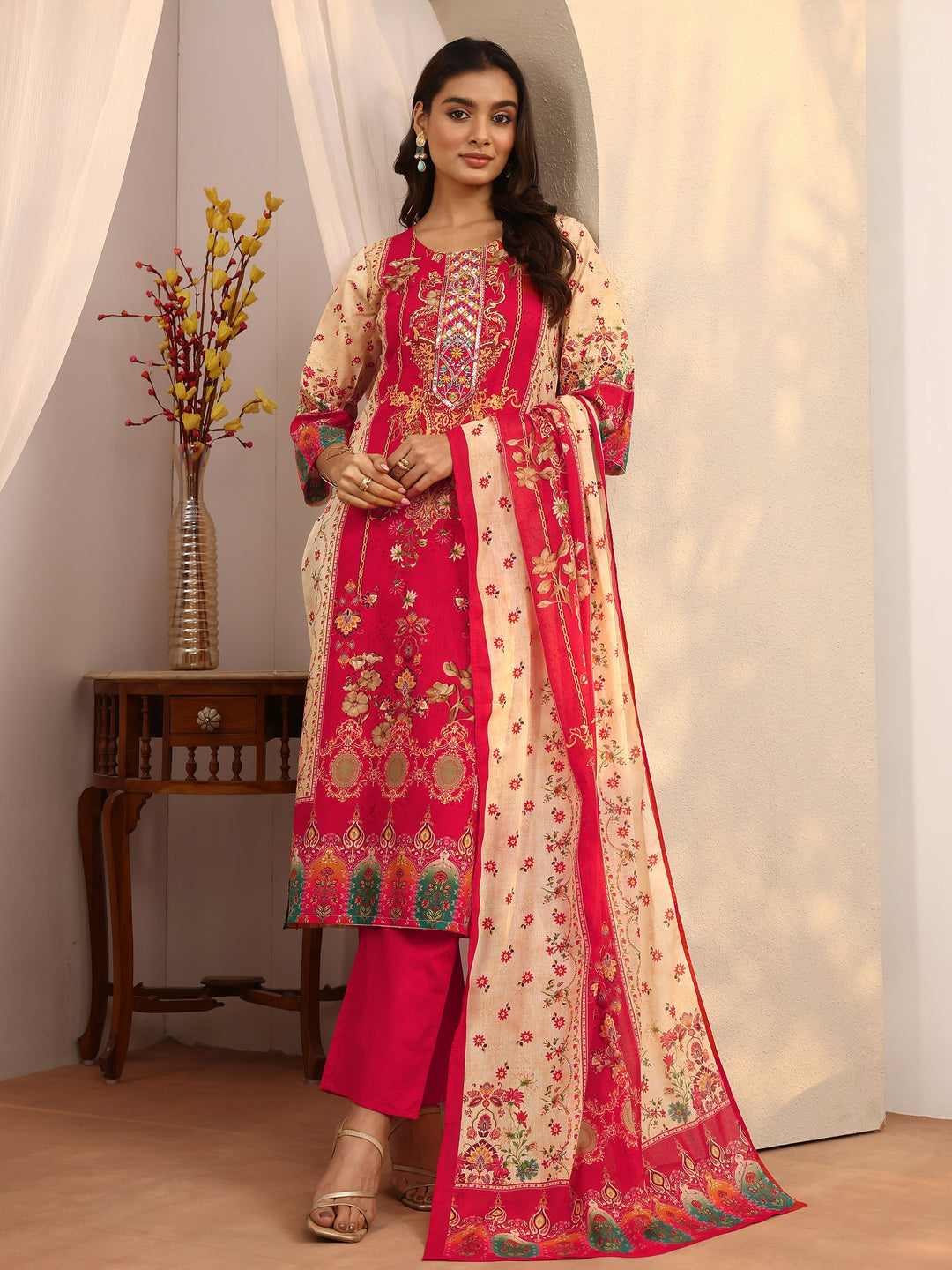 Red Printed Cotton Straight Suit Set With Dupatta