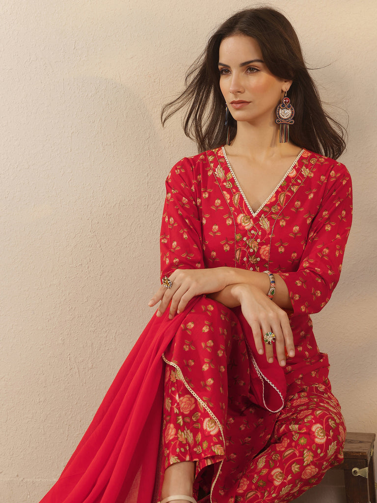 Libas Red Printed Cotton Straight Suit Set With Dupatta