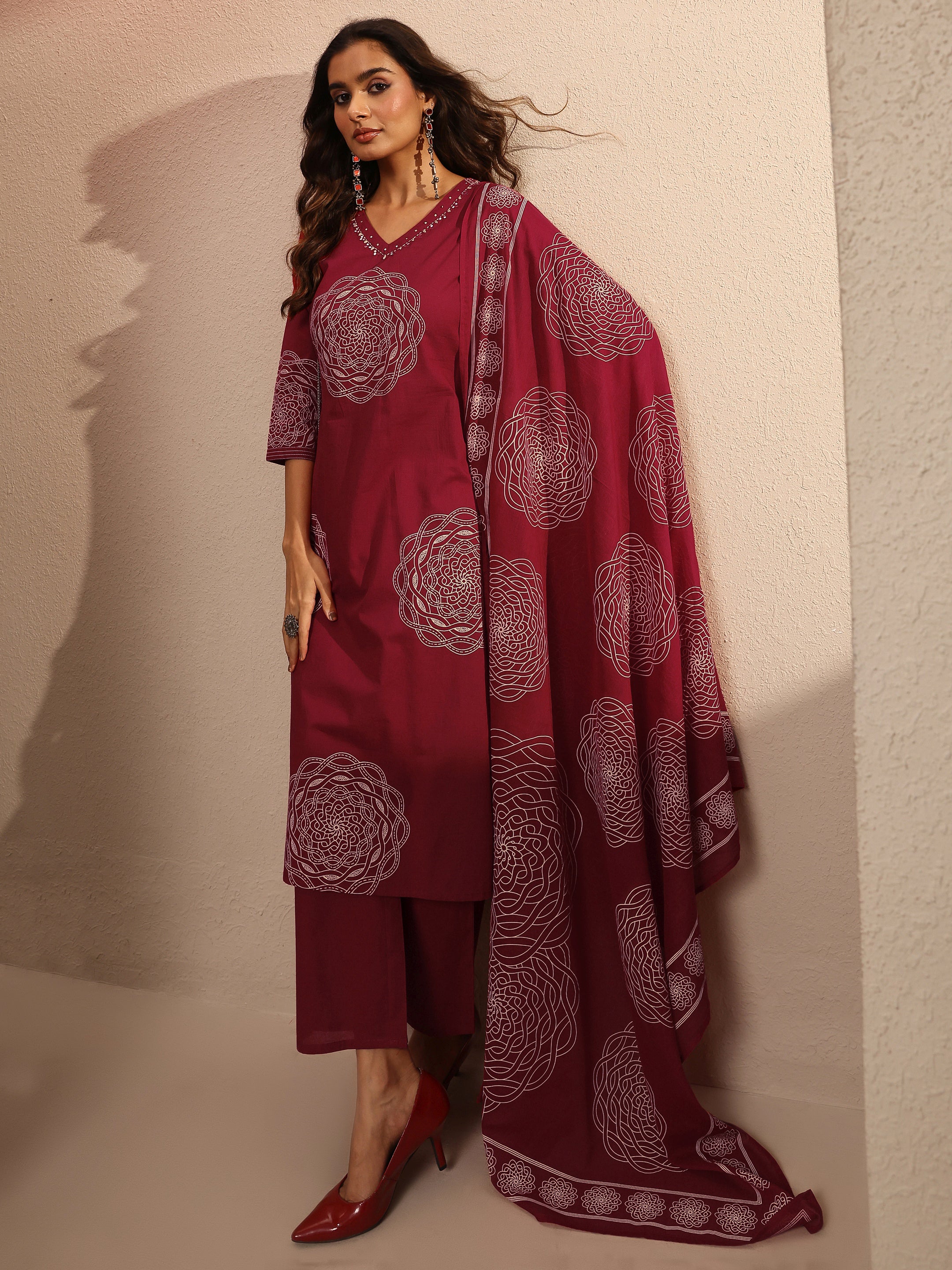 libas Red Printed Cotton Straight Suit Set With Dupatta-picture-11