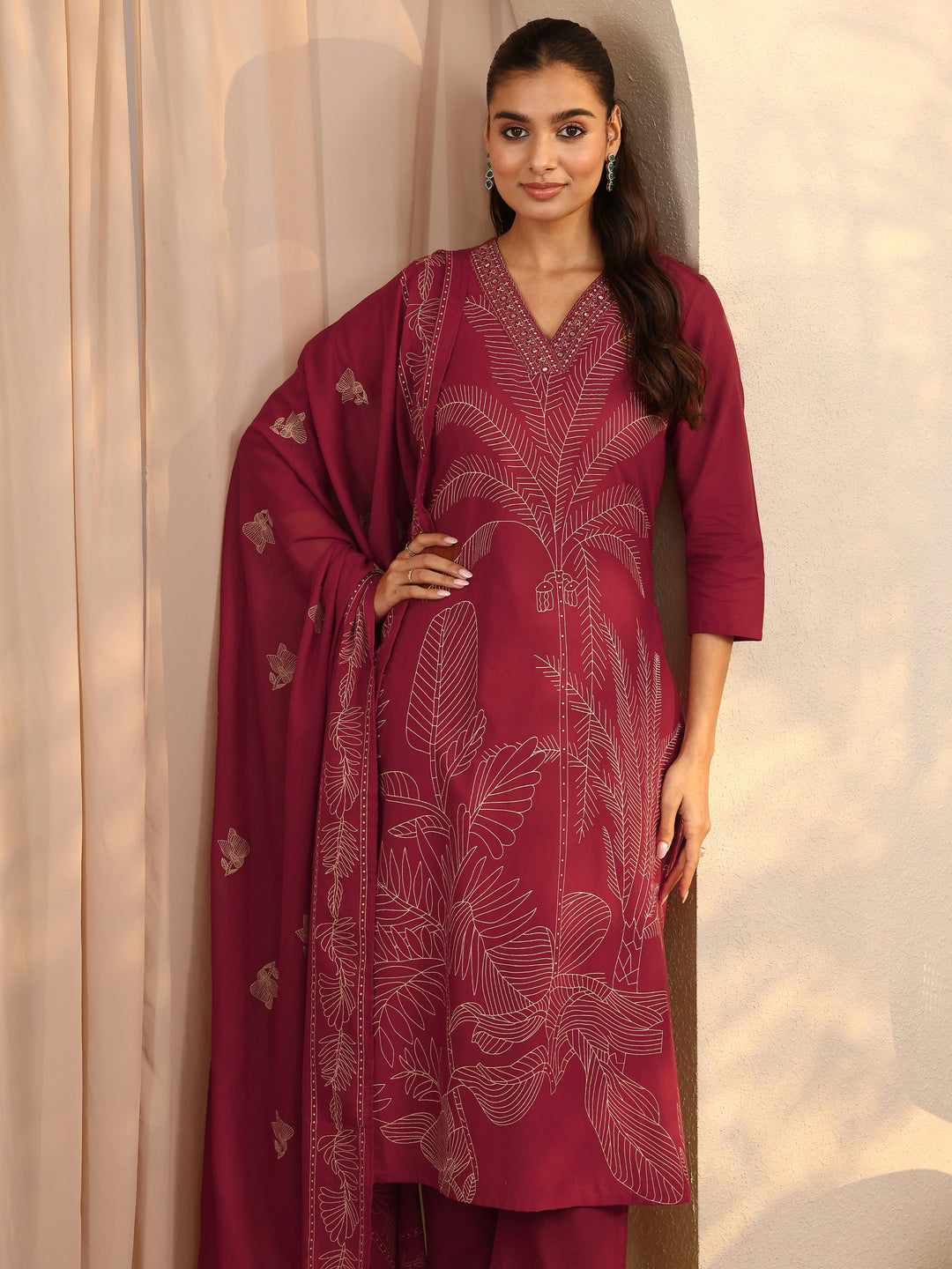 Red Printed Cotton Straight Suit Set With Dupatta