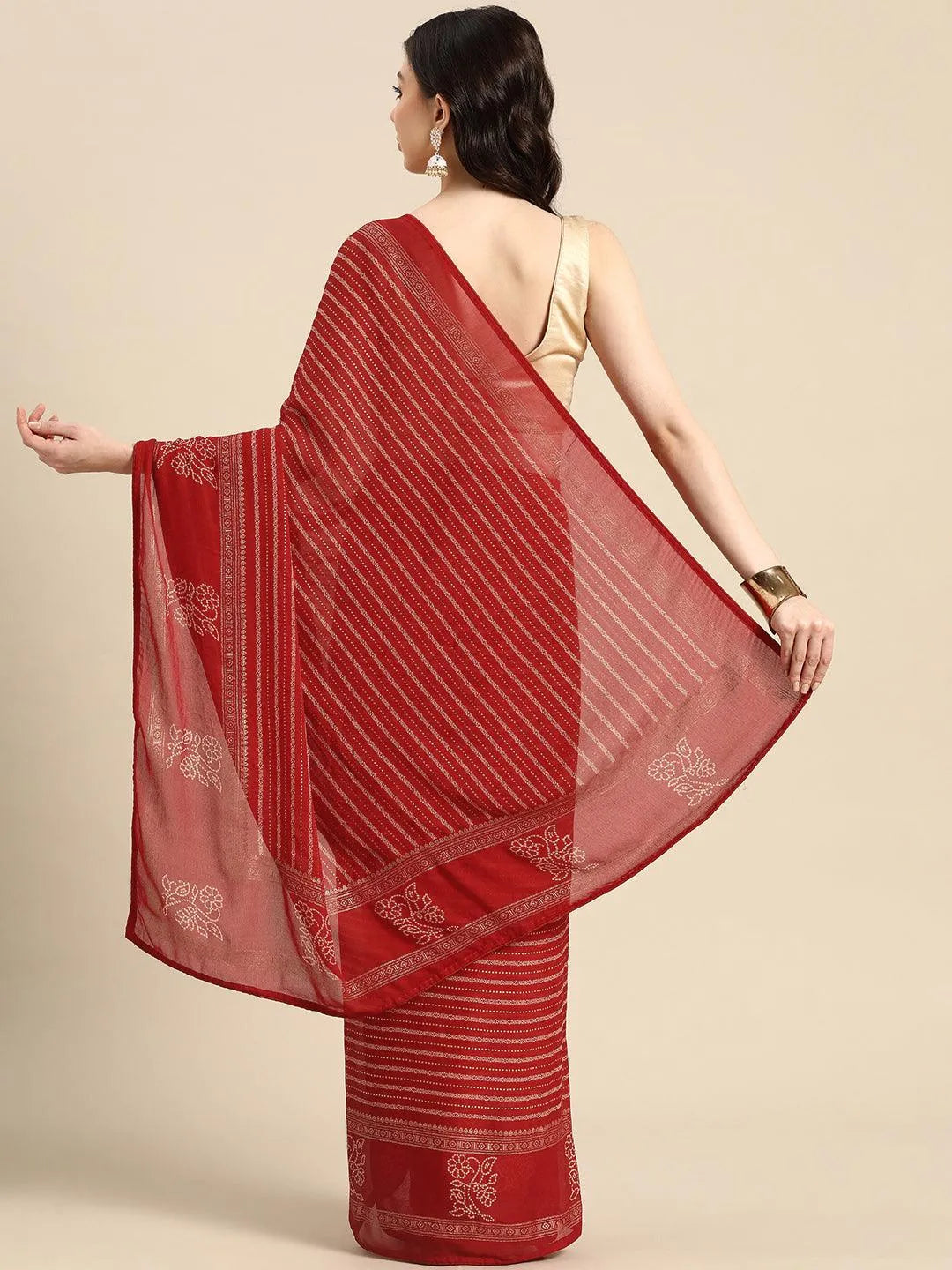 Red Printed Georgette Saree - Libas