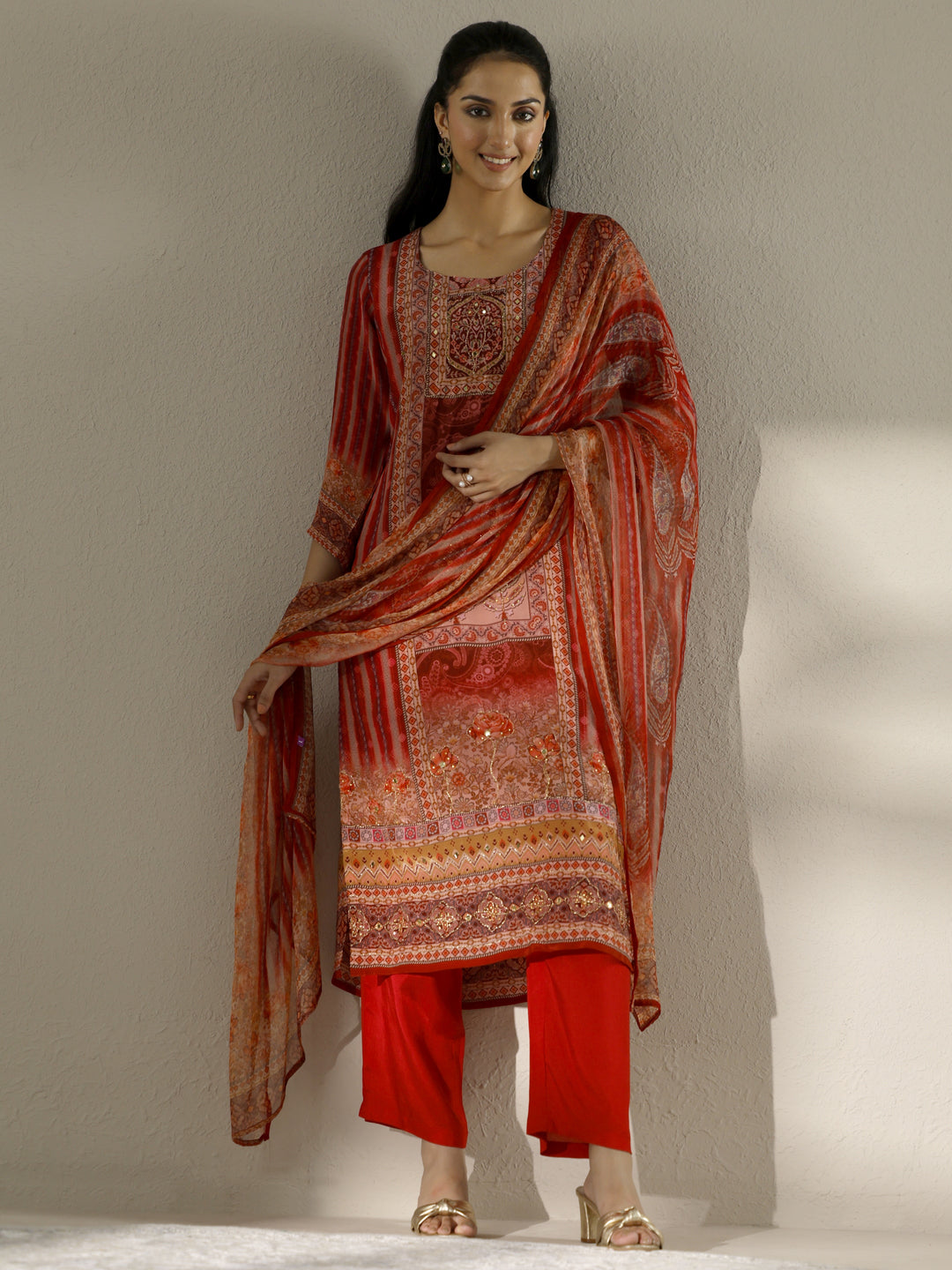 Red Printed Muslin Straight Suit Set With Dupatta