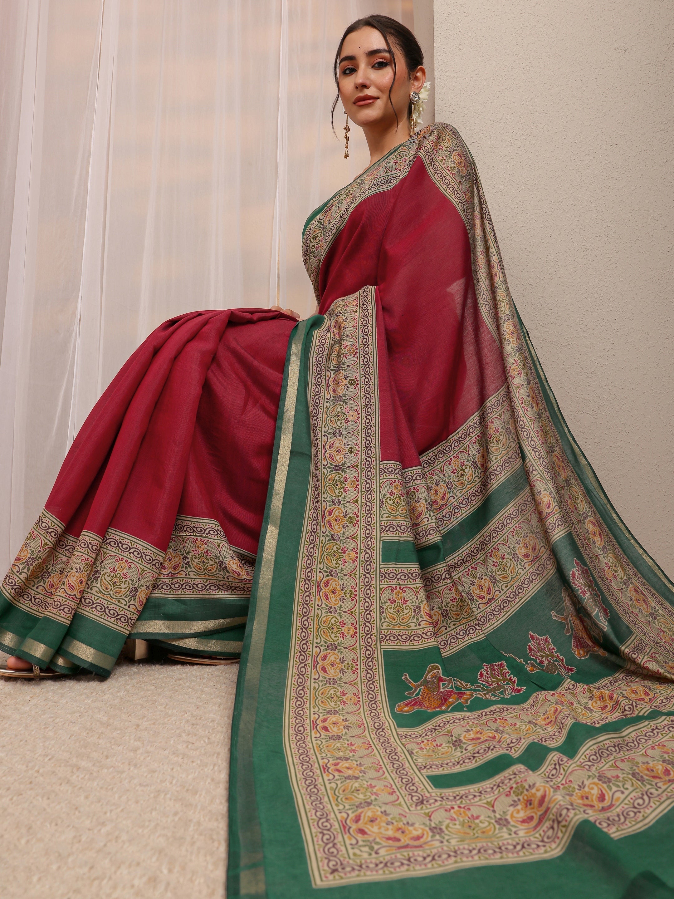 libas Red Printed Pallu Silk Blend Saree With Unstitched Blouse Piece-picture-42