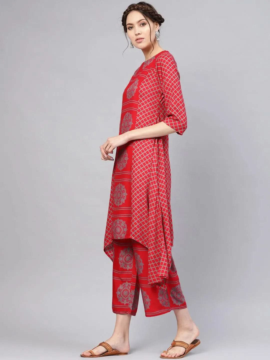 

Red Printed Rayon A-Line Kurta With Palazzos