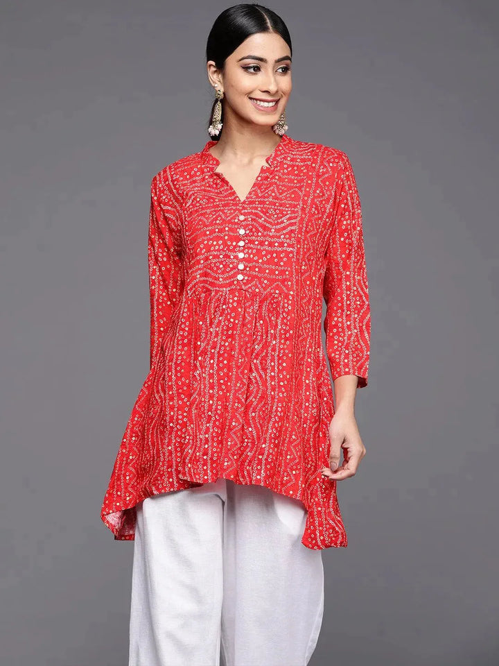 Red Printed Rayon A-Line Kurti - Libas